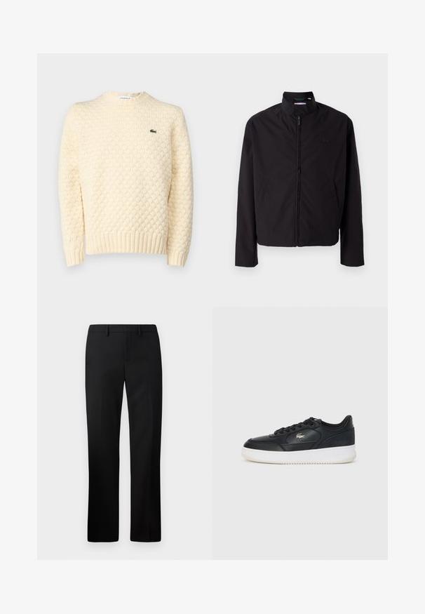 Svart lett jakke med glidelås, oppreist krage, lommer på siden, glatt stoff, minimalistisk design med logo-akkent på brystet.; Kremfarget strikket genser med teksturert diamantmønster, ribbede mansjetter og kant; inkluderer en liten grønn Lacoste-logo på brystet.; Sorte skreddersydde bukser med rette ben, laget av glatt stoff. Funksjoner inkluderer flat front og middels høy livlinje.; Svarte lærersneakers med hvit såle, med rund tå, snøring og en subtil logo på siden. Teksturert overdel.