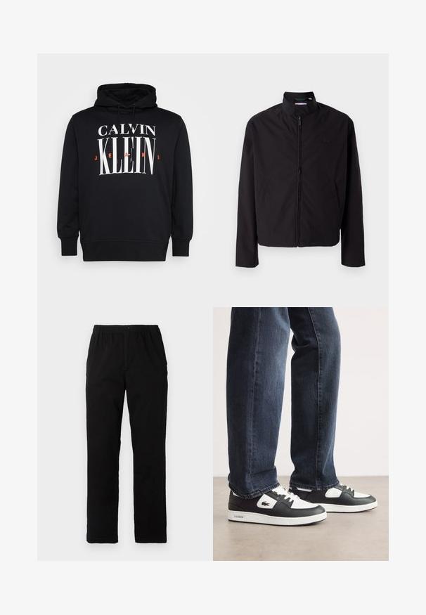 Giacca nera leggera, chiusura con zip, colletto alto, tasche laterali, tessuto morbido, design minimalista con accento del logo sul petto.; Felpa nera con cappuccio e grande logo "CALVIN KLEIN JEANS" in bianco e arancione. Presenta coulisse e polsini e orlo a coste. Texture del tessuto morbida.; Pantaloni neri realizzati in un tessuto misto cotone, caratterizzati da un taglio dritto, vita elastica con bottone e senza motivi o dettagli visibili.; Sneaker Lacoste in bianco e nero con tomaia in pelle testurizzata, dotate di un design con lacci e suola in gomma bianca. Indossate con jeans scuri.
