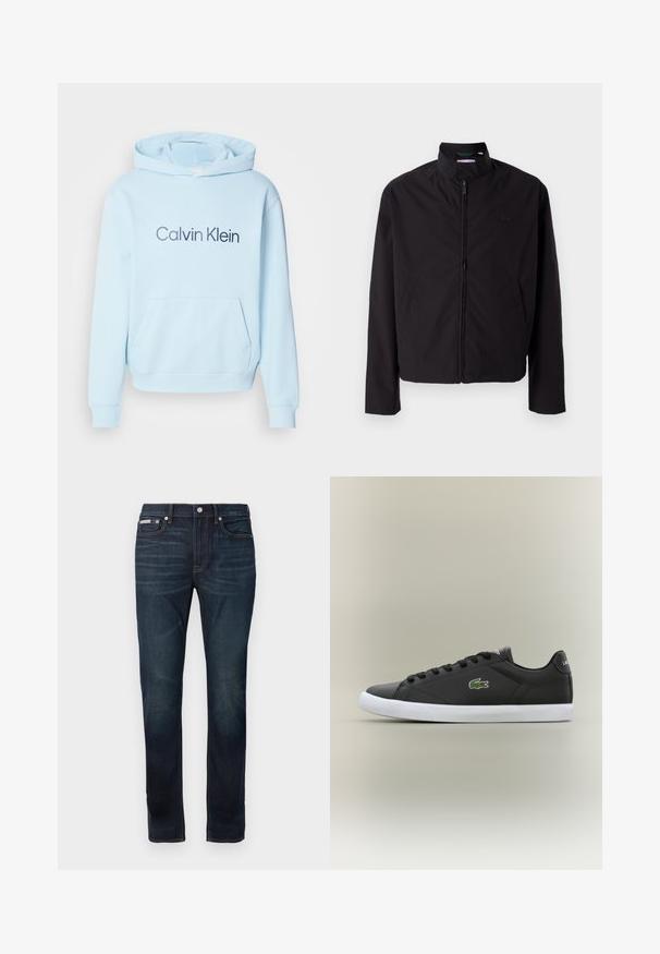 Schwarze leichte Jacke, mit Reißverschluss, Stehkragen, Seitentaschen, glattes Material, minimalistisches Design mit Logo-Akzent auf der Brust.; Hellblaues Hoodie aus weichem Material, mit einer Fronttasche und einem auffälligen "Calvin Klein"-Logo in Dunkelblau aufgedruckt.; Dunkelblaue Jeans aus Denim mit geradem Bein Design, ausgestattet mit Vordertaschen, einem Reißverschluss und subtilen Verblassungen, vollendet mit kontrastierenden Nähten.; Schwarze Leder-Sneaker mit weißer Gummisohle, ausgestattet mit einem grünen Krokodil-Logo und runden Schnürsenkeln, elegantes Design mit glatter Textur.
