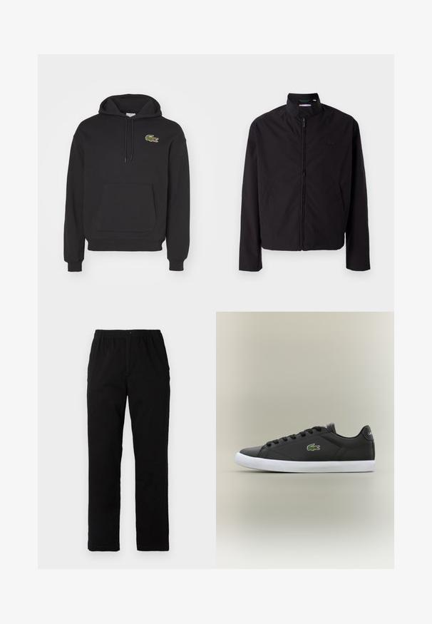 Black lightweight jacket, zip closure, stand-up collar, side pockets, smooth fabric, minimalistic design with logo accent on the chest.; Black hoodie made of cotton blend, featuring a kangaroo pocket, long sleeves, and a green crocodile logo on the left chest.; Black pants made of cotton blend fabric, featuring a straight cut, elastic waistband with button, and no visible patterns or accents.; Black leather sneakers with white rubber sole, featuring a green crocodile logo and round laces, sleek design with smooth texture.