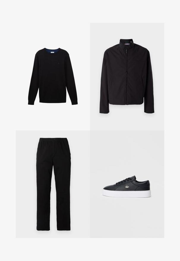 Giacca nera leggera, chiusura con zip, colletto alto, tasche laterali, tessuto morbido, design minimalista con accento del logo sul petto.; Maglione nero lavorato a maglia con maniche lunghe, colletto, polsini e orlo a costine. Presenta un logo discreto sul petto e una scollatura interna blu.; Pantaloni neri realizzati in un tessuto misto cotone, caratterizzati da un taglio dritto, vita elastica con bottone e senza motivi o dettagli visibili.; Sneaker in pelle nera con punta arrotondata, lacci tono su tono e colletto imbottito. Presenta una suola piatta bianca e un piccolo logo accentato.