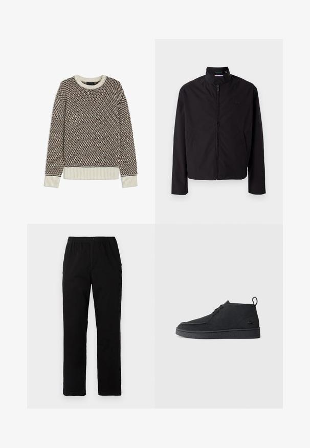 Giacca nera leggera, chiusura con zip, colletto alto, tasche laterali, tessuto morbido, design minimalista con accento del logo sul petto.; Maglione strutturato nei colori marrone, nero e crema. Scollo rotondo, polsini e orlo a coste. Motivo lavorato a maglia con accenti di colore a contrasto.; Pantaloni neri realizzati in un tessuto misto cotone, caratterizzati da un taglio dritto, vita elastica con bottone e senza motivi o dettagli visibili.; Stivale alla caviglia in suede nero con lacci, dotato di una linguetta per il tiraggio e suola testurizzata, caratterizzato da un piccolo logo a forma di coccodrillo embossato sul lato.