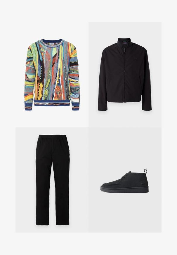 Zwarte lichtgewicht jas, ritssluiting, opstaande kraag, zijzakken, gladde stof, minimalistisch ontwerp met logo-accent op de borst.; Multgekleurde gebreide trui met abstracte patronen in blauw, geel, rood en zwart. Ribgebreide kraag en boorden, textuurstof.; Zwarte broek van een katoenmix, met een rechte snit, een elastische tailleband met knoop en zonder zichtbare patronen of accenten.; Zwarte suède veterschoenen tot de enkel met een trekband en een gestructureerde zool, met een klein reliëf krokodillenlogo aan de zijkant.
