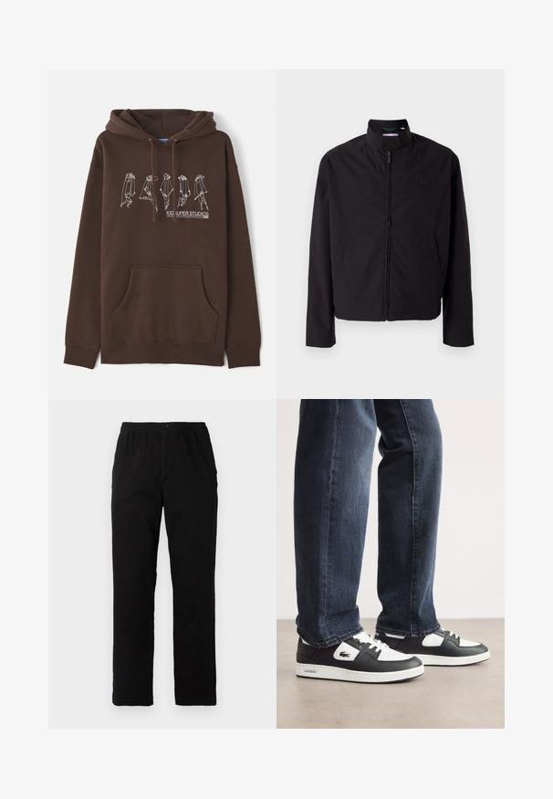 Schwarze leichte Jacke, mit Reißverschluss, Stehkragen, Seitentaschen, glattes Material, minimalistisches Design mit Logo-Akzent auf der Brust.; Brauner Hoodie mit einer Kordelzugkapuze, Fronttasche und einem weißen Linienkunstdesign, das Figuren zeigt. Mit dem Logo "KID SUPER STUDIOS".; Schwarze Hosen aus einem Baumwollmischgewebe, mit geradem Schnitt, elastischem Bund mit Knopf und ohne sichtbare Muster oder Akzente.; Schwarz-weiße Lacoste-Sneaker mit einem Obermaterial aus strukturiertem Leder, ausgestattet mit einem Schnürdesign und einer weißen Gummiaußensohle. Getragen mit dunklen Jeans.