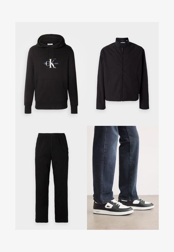 Giacca nera leggera, chiusura con zip, colletto alto, tasche laterali, tessuto morbido, design minimalista con accento del logo sul petto.; Felpa nera realizzata in materiale morbido con tasca frontale. Presenta un grande logo "CK" bianco e blu e il testo "Calvin Klein Jeans".; Pantaloni neri realizzati in un tessuto misto cotone, caratterizzati da un taglio dritto, vita elastica con bottone e senza motivi o dettagli visibili.; Sneaker Lacoste in bianco e nero con tomaia in pelle testurizzata, dotate di un design con lacci e suola in gomma bianca. Indossate con jeans scuri.