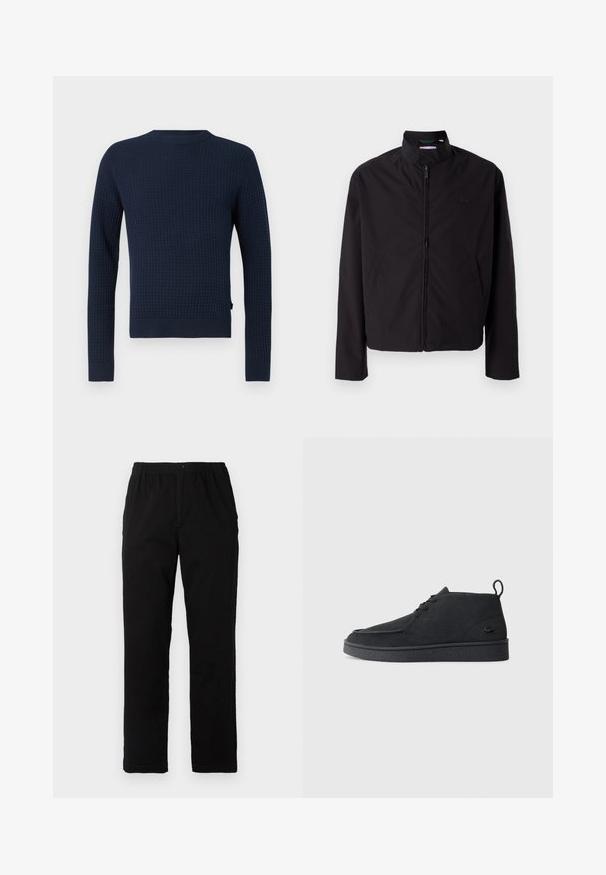 Sorte letvægtsjakke, lynlås lukning, opretstående krave, sidelommer, glat stof, minimalistisk design med logo accent på brystet.; Marineblå strikket sweater med et struktureret mønster, lange ærmer, rund hals og ribbede manchetter og kant. Har et subtilt logo på siden.; Sorte bukser lavet af en bomuldsblandingsstof, med lige snit, elastisk talje med knap, og uden synlige mønstre eller detaljer.; Sort ruskind snørebånds ankelstøvle med grebsløjfe og struktureret sål, der har et lille præget krokodillelogo på siden.