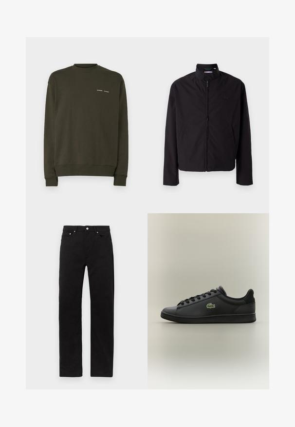 Giacca nera leggera, chiusura con zip, colletto alto, tasche laterali, tessuto morbido, design minimalista con accento del logo sul petto.; Felpa verde oliva in cotone misto, con scollo rotondo, polsini a coste e due loghi ricamati sul petto.; Jeans in cotone nero con design a gamba dritta, dotati di cinque tasche, chiusura con zip e hardware in tonalità argento. Texture liscia, senza motivi.; Sneaker in pelle nera a bassa incollatura con lacci neri, dotata di un logo di coccodrillo verde sul lato, su uno sfondo neutro uniforme.