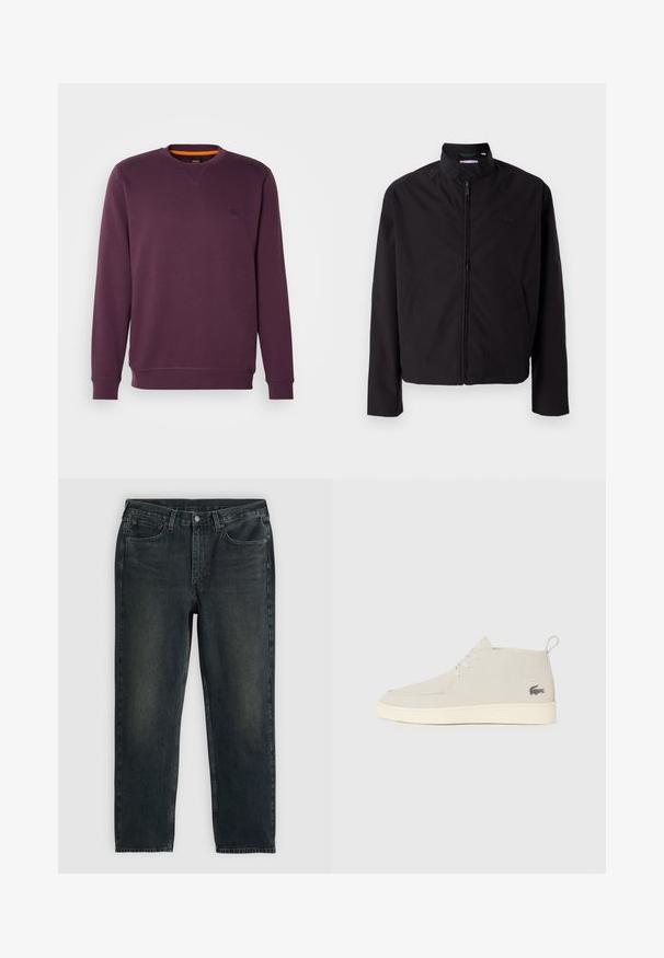 Svart lett jakke med glidelås, oppreist krage, lommer på siden, glatt stoff, minimalistisk design med logo-akkent på brystet.; Lilla hettegenser med rund hals, som har et lite logo-patch og oransje detaljer på innsiden av kragen. Myk, teksturert stoff.; Mørkeblå denimjeans med rette ben, med fem lommer, glidelås og kontraststing. Subtil fading på stoffet.; Lys grå semsket ankelstøvler med rund tå, hvit gummisåle og subtil logo-detalj på siden. Har snøring.