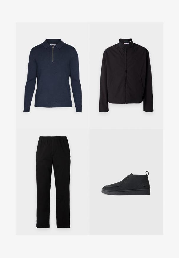 Black lightweight jacket, zip closure, stand-up collar, side pockets, smooth fabric, minimalistic design with logo accent on the chest.; Navy blue long-sleeve polo shirt with a zippered collar, made of a textured knit fabric. Features a straight hem and fitted sleeves.; Black pants made of cotton blend fabric, featuring a straight cut, elastic waistband with button, and no visible patterns or accents.; Black suede lace-up ankle boot with pull tab and textured sole, featuring small embossed crocodile logo on the side.