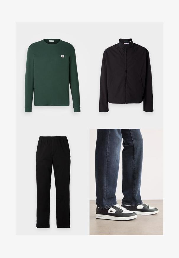 Black lightweight jacket, zip closure, stand-up collar, side pockets, smooth fabric, minimalistic design with logo accent on the chest.; Long-sleeve, green sweater made of ribbed fabric with a crew neck. Features a small logo patch on the chest and ribbed cuffs.; Black pants made of cotton blend fabric, featuring a straight cut, elastic waistband with button, and no visible patterns or accents.; Black and white Lacoste sneakers with a textured leather upper, featuring a lace-up design and a white rubber outsole. Worn with dark jeans.