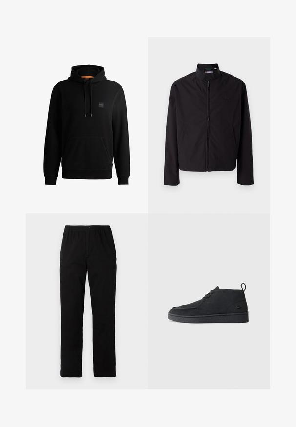 Černá lehká bunda, zapínání na zip, stojací límec, boční kapsy, hladká tkanina, minimalistický design s logem na prsou.; Černá mikina s kapucí vyrobená z měkké tkaniny, s přední kapsou typu kangaroo, nastavitelnými šnůrkami a malým logem na nášivce.; Černé kalhoty vyrobené z bavlněné směsi, s rovný střih, elastickým pasem s knoflíkem a bez viditelných vzorů či akcentů.; Černé semišové kotníkové boty na šněrování s poutkem a texturovanou podrážkou, s malým reliéfním krokodýlím logem na boku.