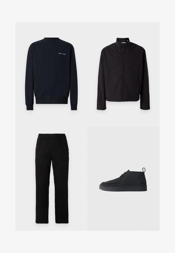 Zwarte lichtgewicht jas, ritssluiting, opstaande kraag, zijzakken, gladde stof, minimalistisch ontwerp met logo-accent op de borst.; Donkerblauwe sweatshirt van katoen. Heeft een ronde hals, lange mouwen en twee kleine witte merknamen op de bovenste linkerkant van de borst.; Zwarte broek van een katoenmix, met een rechte snit, een elastische tailleband met knoop en zonder zichtbare patronen of accenten.; Zwarte suède veterschoenen tot de enkel met een trekband en een gestructureerde zool, met een klein reliëf krokodillenlogo aan de zijkant.