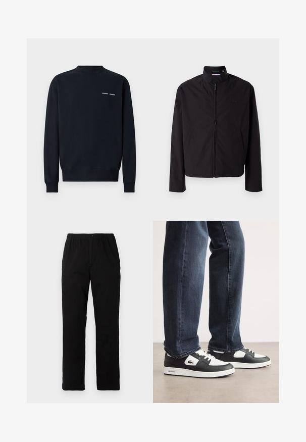 Zwarte lichtgewicht jas, ritssluiting, opstaande kraag, zijzakken, gladde stof, minimalistisch ontwerp met logo-accent op de borst.; Donkerblauwe sweatshirt van katoen. Heeft een ronde hals, lange mouwen en twee kleine witte merknamen op de bovenste linkerkant van de borst.; Zwarte broek van een katoenmix, met een rechte snit, een elastische tailleband met knoop en zonder zichtbare patronen of accenten.; Zwart-witte Lacoste sneakers met een gestructureerde leren bovenkant, voorzien van een vetersluiting en een witte rubberen loopzool. Gecombineerd met een donkere jeans.