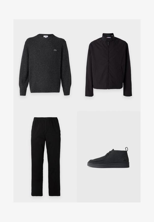 Svart lett jakke med glidelås, oppreist krage, lommer på siden, glatt stoff, minimalistisk design med logo-akkent på brystet.; Lacoste Strikkegenser - bitume neps; Sorte bukser laget av bomullsblandet stoff, med rett snitt, elastisk midjebånd med knapp, og uten synlige mønstre eller detaljer.; Svart semsket snøring ankelstøvel med drageløkke og teksturert såle, med en liten preget krokodillelogo på siden.