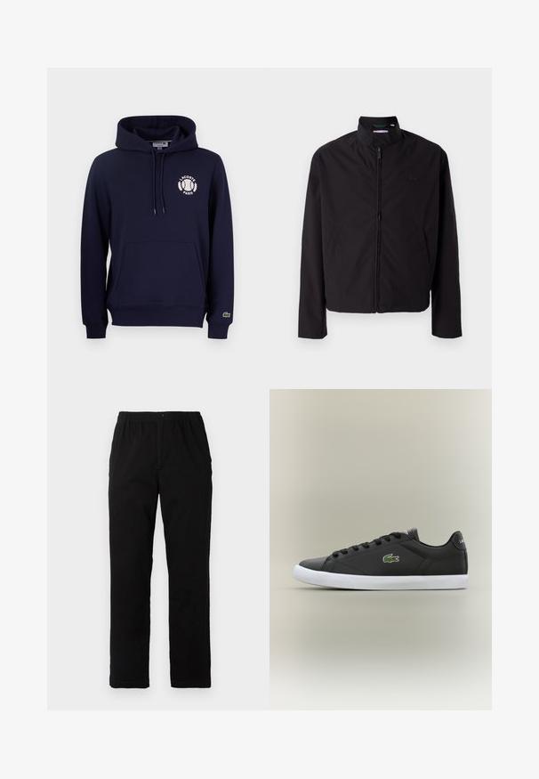 Casaco leve preto, com fecho elétrico, gola alta, bolsos laterais, tecido liso, design minimalista com logótipo em destaque no peito.; Sweatshirt azul-marinho feito de uma mistura de algodão, com um bolso frontal tipo canguru, capuz com cordão e um logótipo branco da Lacoste com um motivo de ténis.; Calças pretas feitas de um tecido de algodão misto, com corte reto, cintura elástica com botão e sem padrões ou detalhes visíveis.; Tênis de couro preto com sola de borracha branca, apresentando um logotipo de crocodilo verde e cadarços redondos, design elegante com textura suave.