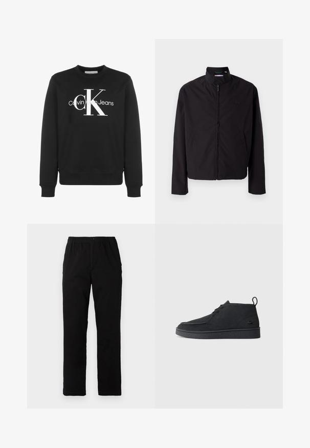Czarna lekka kurtka, zapinana na zamek, z kołnierzem stojącym, kieszeniami po bokach, gładki materiał, minimalistyczny design z akcentem logo na piersi.; Czarna bluza wykonana z mieszanki bawełny, z okrągłym dekoltem, ściągaczami przy rękawach i dużym białym logo Calvin Klein z przodu.; Czarne spodnie wykonane z mieszanki bawełny, z prostym krojem, elastycznym paskiem w talii z guzikiem oraz bez widocznych wzorów czy akcentów.; Czarne zamszowe botki za kostkę na sznurki z pętelką i teksturowaną podeszwą, z małym wytłoczonym logo krokodyla z boku.