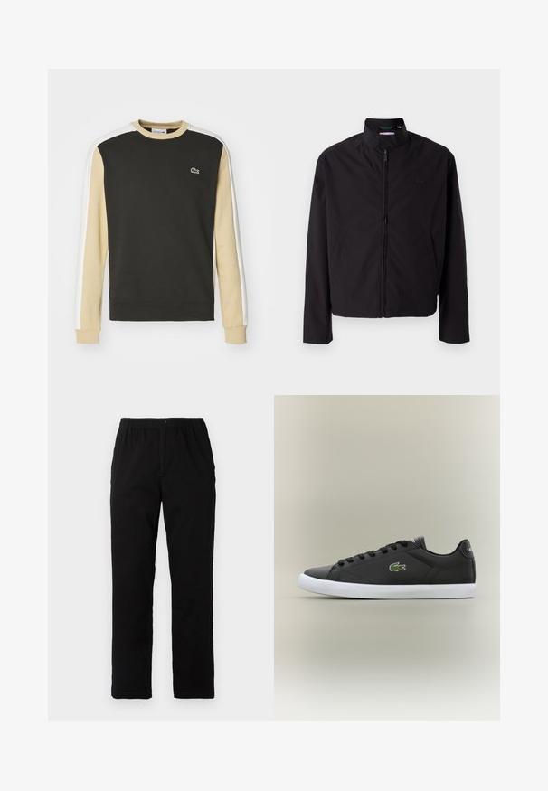 Crna lagana jakna, zatvaranje na zip, stojeći ovratnik, bočni džepovi, glatka tkanina, minimalistički dizajn s logotipom na prsima.; Crna dukserica s bež i bijelim rukavima. Ima okrugli izrez, rebraste manžete i mali zeleni krokodil logo na prsima.; Crne hlače od pamuka s dodatkom, ravnog kroja, s elastičnim pojasom i dugmetom, bez vidljivih uzoraka ili ukrasa.; Crne kožne tenisice s bijelim gumenim potplatom, s zelenim krokodilom kao logotipom i okruglim vezicama, elegantnog dizajna s glatkom teksturom.