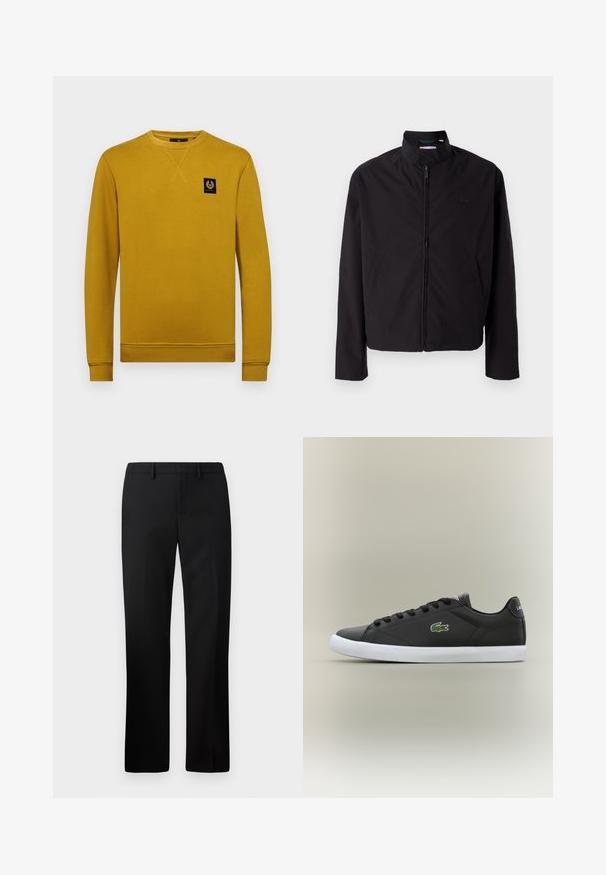 Černá lehká bunda, zapínání na zip, stojací límec, boční kapsy, hladká tkanina, minimalistický design s logem na prsou.; Belstaff BELSTAFF - Mikina - glaze yellow; Černé kalhoty s rovnými nohavicemi, vyrobené z hladké látky. Mezi vlastnosti patří plochý přední díl a střední pas.; Černé kožené tenisky s bílou gumovou podrážkou, se zeleným logem krokodýla a kulatými tkaničkami, elegantní design s hladkým povrchem.