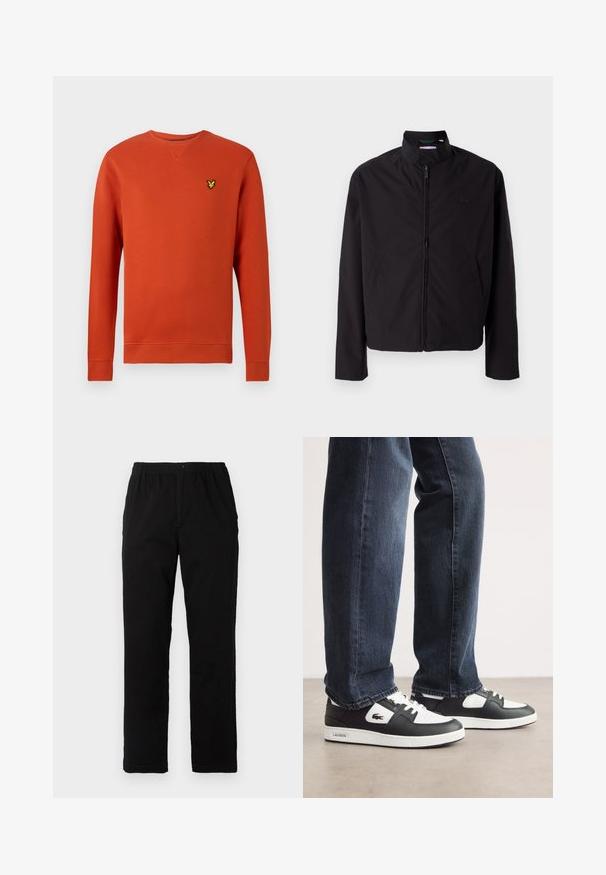Chaqueta ligera negra, cierre de cremallera, cuello alzado, bolsillos laterales, tejido suave, diseño minimalista con acento de logo en el pecho.; Sudadera naranja con cuello redondo acanalado y mangas largas. Presenta un pequeño emblema amarillo en el pecho. Textura suave, diseño casual.; Pantalones negros de tejido de mezcla de algodón, con corte recto, cintura elástica con botón y sin patrones o acentos visibles.; Zapatillas Lacoste en blanco y negro con una parte superior de cuero texturizado, que presentan un diseño con cordones y una suela de goma blanca. Combinadas con jeans oscuros.