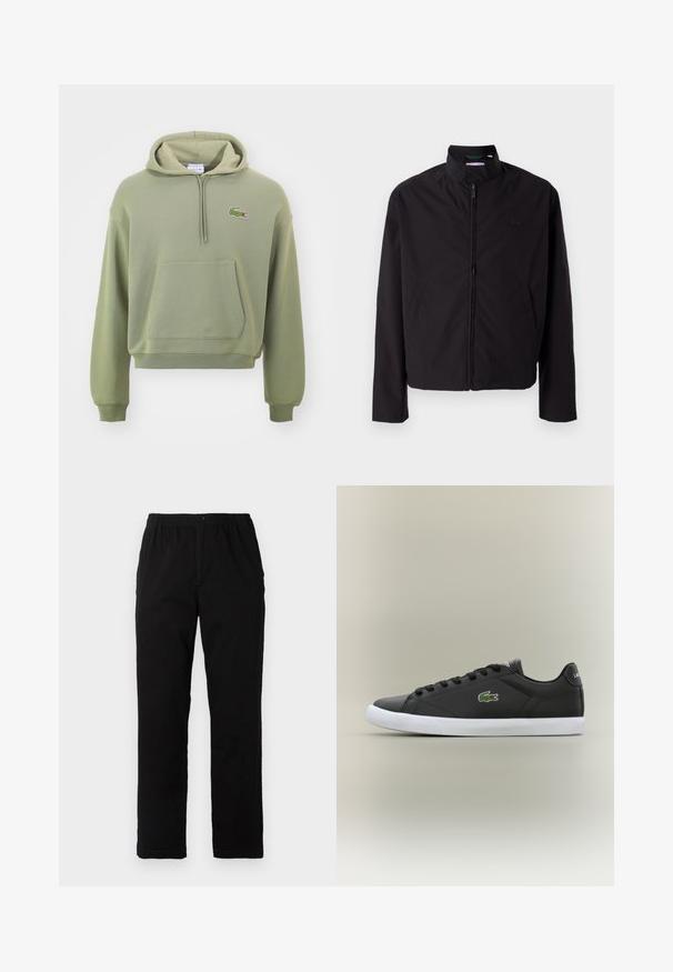 Black lightweight jacket, zip closure, stand-up collar, side pockets, smooth fabric, minimalistic design with logo accent on the chest.; Green cropped hoodie made of soft fabric, featuring a kangaroo pocket and a drawstring hood, with a small embroidered logo on the chest.; Black pants made of cotton blend fabric, featuring a straight cut, elastic waistband with button, and no visible patterns or accents.; Black leather sneakers with white rubber sole, featuring a green crocodile logo and round laces, sleek design with smooth texture.