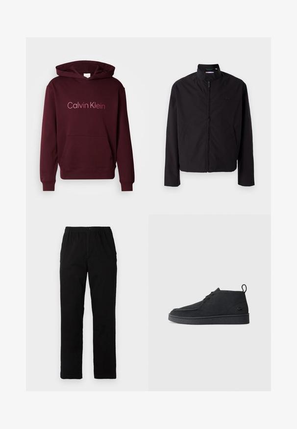 Črna lahka jakna, zadrga, dvignjen ovratnik, stranska žepa, gladka tkanina, minimalističen dizajn z logotipom na prsih.; Burgundska kapucinska majica s prednjim žepom, s logotipom "Calvin Klein" v svetlejši barvi. Narejena iz mešanice mehkega bombažnega blaga.; Črne hlače iz mešanice bombaža, s ravnim krojem, elastičnim pasom z gumbom in brez vidnih vzorcev ali akcentov.; Črni nubuk gležnjarji z vezalkami in zanko za poteg, z teksturiranim podplatom ter majhnim embosiranim krokodilovim logotipom na strani.