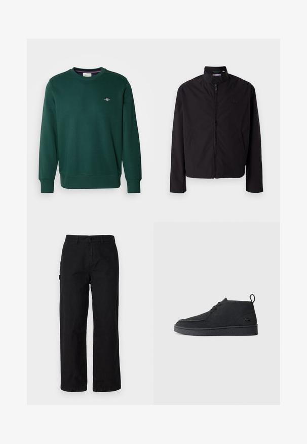 Musta kevyt takki, vetoketjukiinnitys, ylösnostettava kaulus, sivutaskut, sileä kangas, minimalistinen muotoilu logovivahteella rinnassa.; Vihreä huppari, joka on valmistettu pehmeästä kankaasta ja siinä on pyöreä kaula-aukko sekä pitkät hihat. Rinnassa pieni brodeerattu logo. Pilettireunat ja helma ovat joustavat.; Musta puuvillakankainen cargo-housut suoranlahkeisella muotoilulla, jossa on sivutaskut ja edessä nappikiinnitys. Kestävä kangas, jossa on sileä tekstuuri.; Mustat mokka nauhalla suljettavat nilkkasaappaat, joissa on vetotappi ja teksturoitu pohja, sekä pieni kohokuvioitu krokotiililogo sivulla.