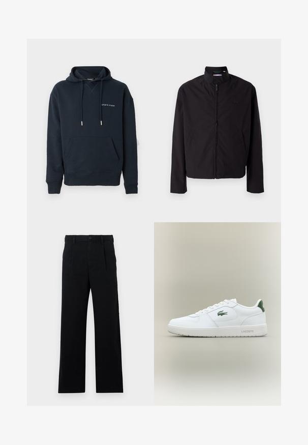 Casaco leve preto, com fecho elétrico, gola alta, bolsos laterais, tecido liso, design minimalista com logótipo em destaque no peito.; Sweatshirt com capuz azul-marinho feito de algodão, apresentando um bolso canguru e um logotipo impresso em branco no peito, com detalhes em cordão prateado.; Calças pretas ajustadas feitas de algodão; possuem frente plana, costuras visíveis e um corte reto. Fecho com botão na cintura.; Sapatilha de couro branca com um acabamento suave, detalhes verdes no calcanhar e um logótipo verde na lateral. Apresenta sola plana e bico redondo.