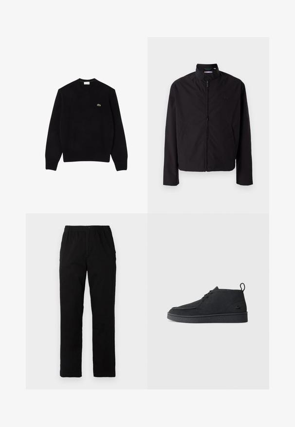 Černá lehká bunda, zapínání na zip, stojací límec, boční kapsy, hladká tkanina, minimalistický design s logem na prsou.; Černý pletený svetr s kulatým výstřihem, žebrovanými manžetami a lemem, s malým zeleným krokodýlím logem na levé hrudi. Měkká textura.; Černé kalhoty vyrobené z bavlněné směsi, s rovný střih, elastickým pasem s knoflíkem a bez viditelných vzorů či akcentů.; Černé semišové kotníkové boty na šněrování s poutkem a texturovanou podrážkou, s malým reliéfním krokodýlím logem na boku.