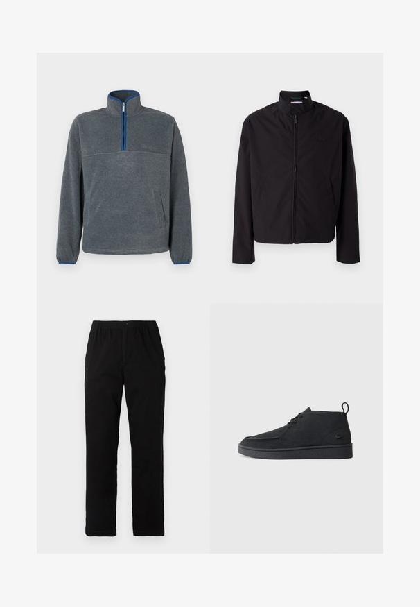Black lightweight jacket, zip closure, stand-up collar, side pockets, smooth fabric, minimalistic design with logo accent on the chest.; Gray fleece pullover with a half-zip collar, blue accents at the zipper and cuffs, and a front pocket. Soft texture, relaxed fit.; Black pants made of cotton blend fabric, featuring a straight cut, elastic waistband with button, and no visible patterns or accents.; Black suede lace-up ankle boot with pull tab and textured sole, featuring small embossed crocodile logo on the side.