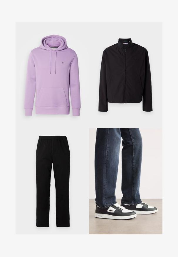 Casaco leve preto, com fecho elétrico, gola alta, bolsos laterais, tecido liso, design minimalista com logótipo em destaque no peito.; GANT SHIELD HOODIE - Camisola - orchid lilac; Calças pretas feitas de um tecido de algodão misto, com corte reto, cintura elástica com botão e sem padrões ou detalhes visíveis.; Sneakers Lacoste em preto e branco com parte superior em couro texturizado, apresentando um design com atacadores e uma sola de borracha branca. Usadas com jeans escuros.