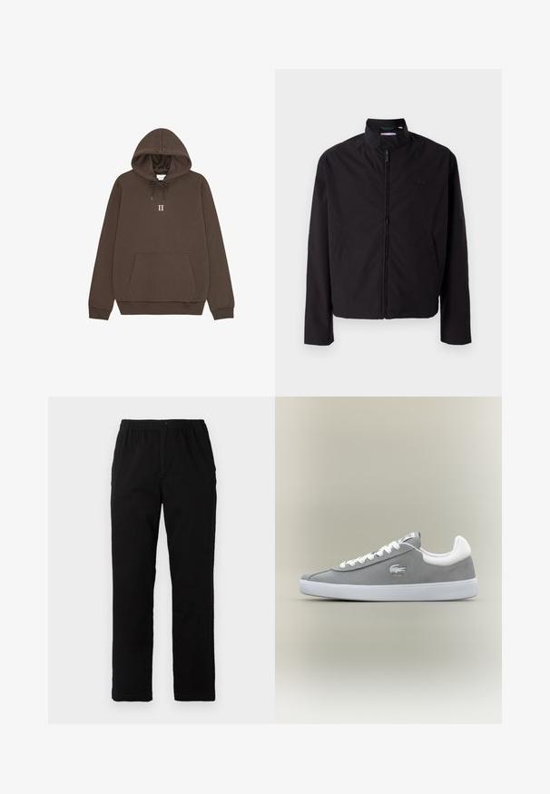 Svart lett jakke med glidelås, oppreist krage, lommer på siden, glatt stoff, minimalistisk design med logo-akkent på brystet.; Brun hettegenser med kengurulomme, snor i hetten og en sentral "II" i hvit tekst. Laget av bomull med en jevn tekstur.; Sorte bukser laget av bomullsblandet stoff, med rett snitt, elastisk midjebånd med knapp, og uten synlige mønstre eller detaljer.; Grå semsket sneakers med hvit gummisåle, snøring og brodert logo på siden. Minimalistisk design med en klassisk silhuett.