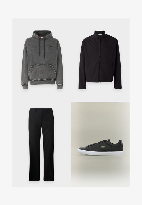 Casaco leve preto, com fecho elétrico, gola alta, bolsos laterais, tecido liso, design minimalista com logótipo em destaque no peito.; Camisola com capuz em ganga cinzenta com um bolso frontal, cordões pretos e um logótipo subtil no peito. Possui punhos e bainha canelados.; Calças pretas sob medida com um design de perna reta, feitas de um tecido suave. Inclui uma frente lisa e uma cintura de altura média.; Tênis de couro preto com sola de borracha branca, apresentando um logotipo de crocodilo verde e cadarços redondos, design elegante com textura suave.