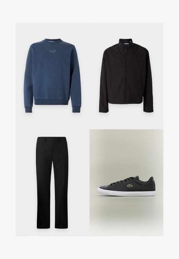 Casaco leve preto, com fecho elétrico, gola alta, bolsos laterais, tecido liso, design minimalista com logótipo em destaque no peito.; Sweatshirt azul marinho feito de algodão texturizado. Apresenta um decote redondo, mangas longas e punhos canelados. Logotipo exibido no peito.; Calças pretas sob medida com um design de perna reta, feitas de um tecido suave. Inclui uma frente lisa e uma cintura de altura média.; Tênis de couro preto com sola de borracha branca, apresentando um logotipo de crocodilo verde e cadarços redondos, design elegante com textura suave.