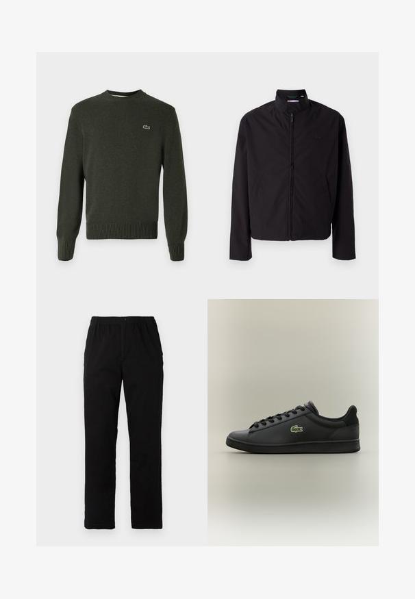 Črna lahka jakna, zadrga, dvignjen ovratnik, stranska žepa, gladka tkanina, minimalističen dizajn z logotipom na prsih.; Temnozelena pletena pulover s krojnim ovratnikom, rebrastimi manšetami in spodnjim robom, ki ima majhen vezen logotip na levem prsnem delu. Mehka tekstura.; Črne hlače iz mešanice bombaža, s ravnim krojem, elastičnim pasom z gumbom in brez vidnih vzorcev ali akcentov.; Črn nizki usnjeni tekač s črnimi vezalkami, ki ima na strani zeleno krokodilovo ikono, postavljen na enotnem nevtralnem ozadju.