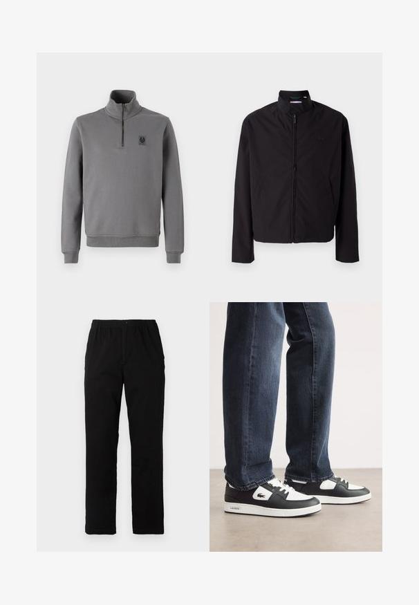 Casaco leve preto, com fecho elétrico, gola alta, bolsos laterais, tecido liso, design minimalista com logótipo em destaque no peito.; Sweatshirt cinza com gola alta, fecho de meio zíper na frente, punhos e bainha canelados, e um pequeno logótipo no peito. Textura de tecido suave.; Calças pretas feitas de um tecido de algodão misto, com corte reto, cintura elástica com botão e sem padrões ou detalhes visíveis.; Sneakers Lacoste em preto e branco com parte superior em couro texturizado, apresentando um design com atacadores e uma sola de borracha branca. Usadas com jeans escuros.