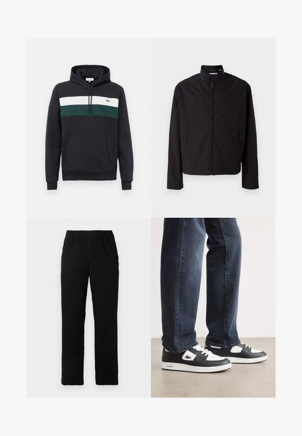 Giacca nera leggera, chiusura con zip, colletto alto, tasche laterali, tessuto morbido, design minimalista con accento del logo sul petto.; Felpa nera con cappuccio e strisce orizzontali bianche e verdi sul petto, dotata di tasca a marsupio frontale.; Pantaloni neri realizzati in un tessuto misto cotone, caratterizzati da un taglio dritto, vita elastica con bottone e senza motivi o dettagli visibili.; Sneaker Lacoste in bianco e nero con tomaia in pelle testurizzata, dotate di un design con lacci e suola in gomma bianca. Indossate con jeans scuri.