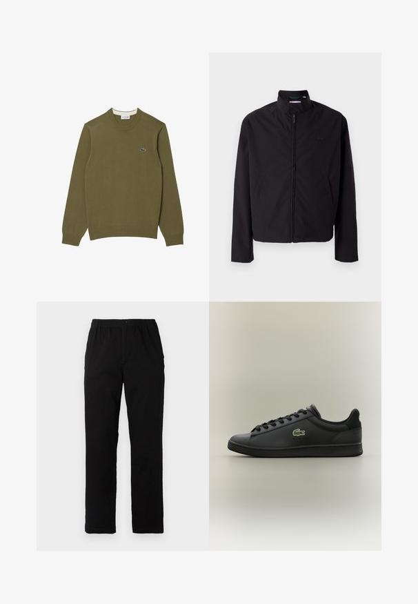 Zwarte lichtgewicht jas, ritssluiting, opstaande kraag, zijzakken, gladde stof, minimalistisch ontwerp met logo-accent op de borst.; Olijfgroen trui van zacht stof, met een geribbelde ronde halslijn en manchetten, voorzien van een klein geborduurd logo op de borst.; Zwarte broek van een katoenmix, met een rechte snit, een elastische tailleband met knoop en zonder zichtbare patronen of accenten.; Zwarte leren sneaker met lage schacht en zwarte veters, met een groen krokodillenlogo aan de zijkant, tegen een neutrale achtergrond.