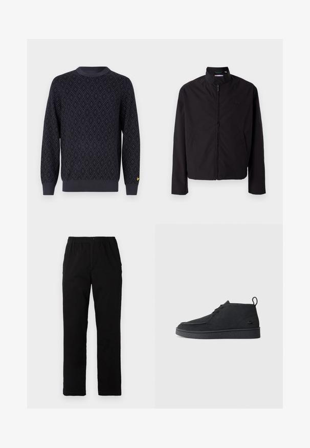 Black lightweight jacket, zip closure, stand-up collar, side pockets, smooth fabric, minimalistic design with logo accent on the chest.; Navy blue knitted sweater featuring a diamond pattern, round neckline, ribbed cuffs, and hem, with a small yellow logo on the left sleeve.; Black pants made of cotton blend fabric, featuring a straight cut, elastic waistband with button, and no visible patterns or accents.; Black suede lace-up ankle boot with pull tab and textured sole, featuring small embossed crocodile logo on the side.