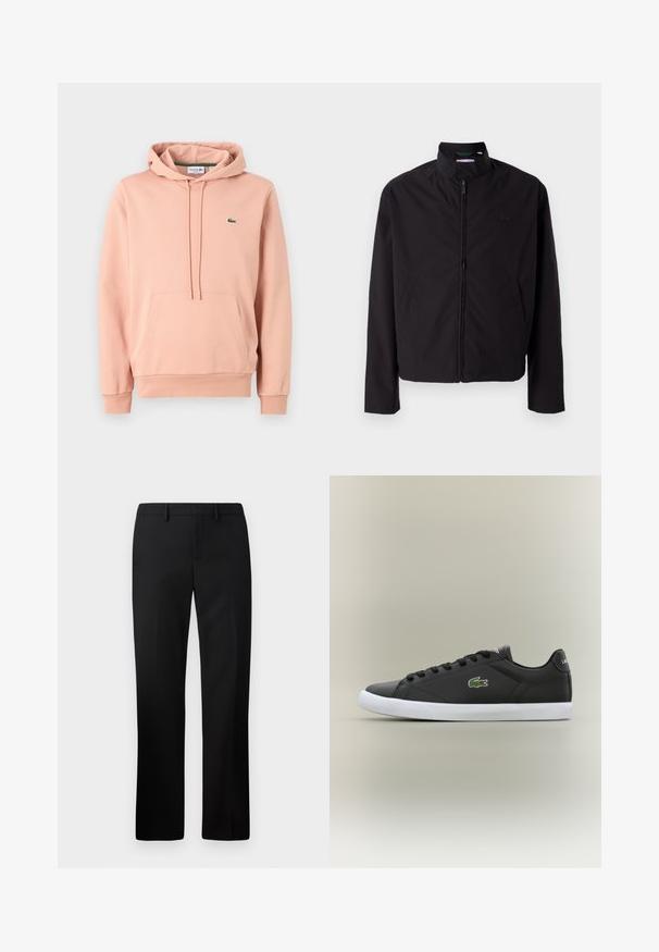 Schwarze leichte Jacke, mit Reißverschluss, Stehkragen, Seitentaschen, glattes Material, minimalistisches Design mit Logo-Akzent auf der Brust.; Rosa Kapuzenpullover aus weichem Stoff, mit einer Kängurutasche, einer Kordelzugkapuze, Rippenbündchen und einem kleinen grünen Logo auf der Brust.; Schwarze maßgeschneiderte Hosen mit geradem Beinschnitt, hergestellt aus glattem Stoff. Merkmale sind ein flacher Bund und ein mittelhoher Taillenbund.; Schwarze Leder-Sneaker mit weißer Gummisohle, ausgestattet mit einem grünen Krokodil-Logo und runden Schnürsenkeln, elegantes Design mit glatter Textur.