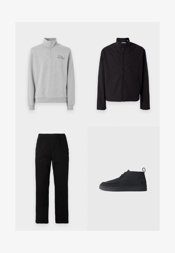Black lightweight jacket, zip closure, stand-up collar, side pockets, smooth fabric, minimalistic design with logo accent on the chest.; Gray pullover sweatshirt with a high collar, half-zip front, ribbed cuffs, and a subtle printed logo detail on the left chest. Soft fabric texture.; Black pants made of cotton blend fabric, featuring a straight cut, elastic waistband with button, and no visible patterns or accents.; Black suede lace-up ankle boot with pull tab and textured sole, featuring small embossed crocodile logo on the side.