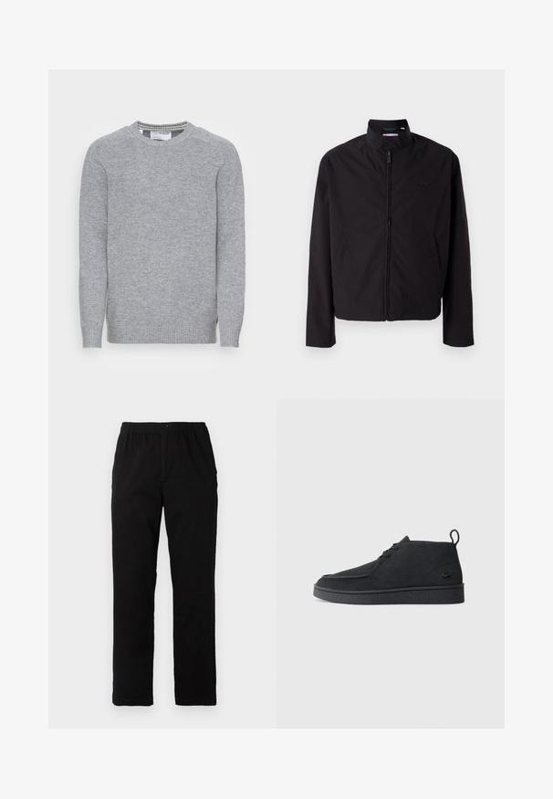 Svart lett jakke med glidelås, oppreist krage, lommer på siden, glatt stoff, minimalistisk design med logo-akkent på brystet.; Grå strikket genser med rund hals, ribbestrikkede mansjetter og kant. Glatt tekstur og et enkelt, klassisk design med sidelommer.; Sorte bukser laget av bomullsblandet stoff, med rett snitt, elastisk midjebånd med knapp, og uten synlige mønstre eller detaljer.; Svart semsket snøring ankelstøvel med drageløkke og teksturert såle, med en liten preget krokodillelogo på siden.