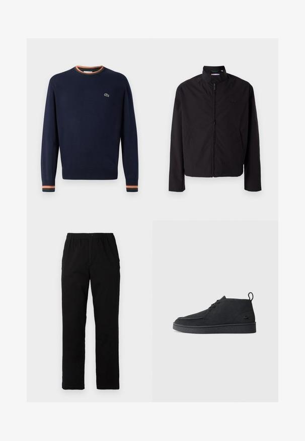 Black lightweight jacket, zip closure, stand-up collar, side pockets, smooth fabric, minimalistic design with logo accent on the chest.; Navy blue sweater with a round neck, ribbed cuffs featuring green, orange, and white stripes, and a small embroidered logo on the chest.; Black pants made of cotton blend fabric, featuring a straight cut, elastic waistband with button, and no visible patterns or accents.; Black suede lace-up ankle boot with pull tab and textured sole, featuring small embossed crocodile logo on the side.