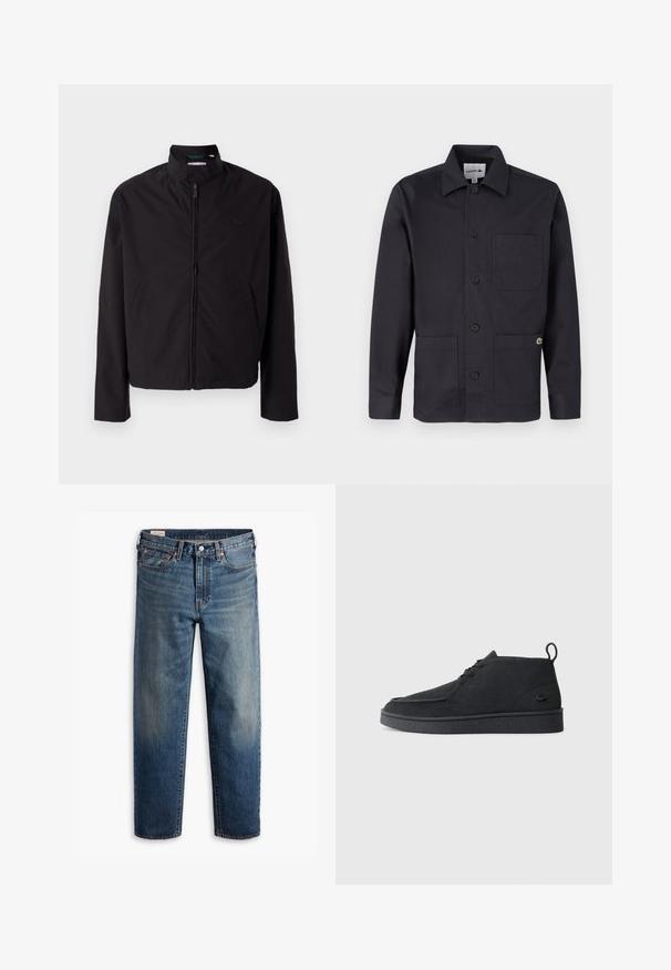 Svart lett jakke med glidelås, oppreist krage, lommer på siden, glatt stoff, minimalistisk design med logo-akkent på brystet.; Svart bomullsjakke med knapper, krage, to frontlommer og en liten logodetalj på høyre lomme. Minimalistisk design.; Mørkeblå denimjeans med avslappet passform, rette ben, femlommers design og subtil falming på lårene. Sølvfarget knapp og nagler.; Svart semsket snøring ankelstøvel med drageløkke og teksturert såle, med en liten preget krokodillelogo på siden.