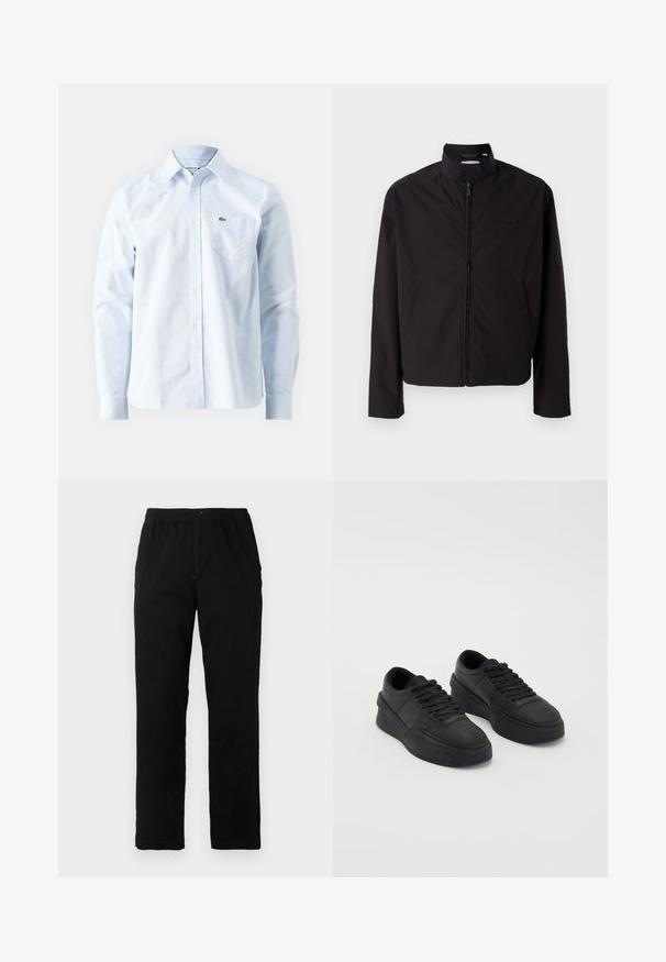 Zwarte lichtgewicht jas, ritssluiting, opstaande kraag, zijzakken, gladde stof, minimalistisch ontwerp met logo-accent op de borst.; Lichtblauw gestreept overhemd van katoen, met een button-down kraag, lange mouwen en een klein geborduurd logo op de borstzak.; Zwarte broek van een katoenmix, met een rechte snit, een elastische tailleband met knoop en zonder zichtbare patronen of accenten.; Zwarte sneakers van soepel leer met een gestoffeerde zool. Kenmerken zijn plat veter, perforaties op de teen en een slanke silhouet.