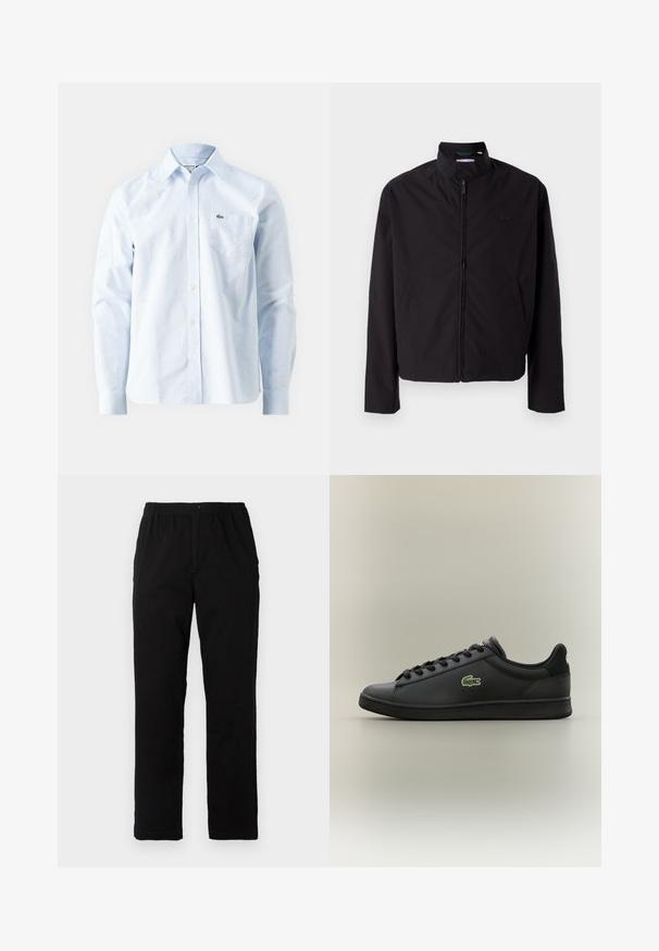 Casaco leve preto, com fecho elétrico, gola alta, bolsos laterais, tecido liso, design minimalista com logótipo em destaque no peito.; Camisa de dress em algodão riscada em azul claro, com colarinho botão, mangas longas e um pequeno logotipo bordado no bolso do peito.; Calças pretas feitas de um tecido de algodão misto, com corte reto, cintura elástica com botão e sem padrões ou detalhes visíveis.; Sapatilha de couro preta de cano baixo com atacadores pretos, apresentando um logótipo de crocodilo verde na lateral, colocada sobre um fundo neutro simples.
