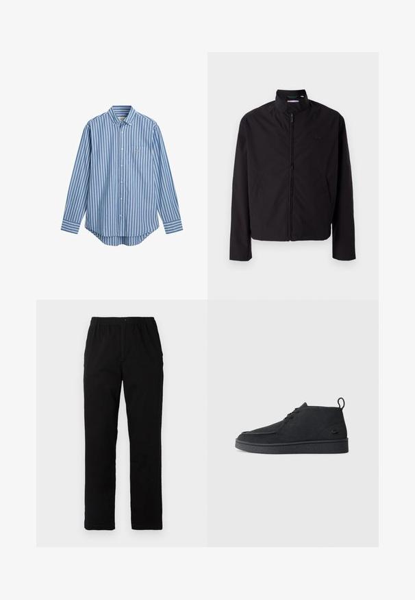 Giacca nera leggera, chiusura con zip, colletto alto, tasche laterali, tessuto morbido, design minimalista con accento del logo sul petto.; Camicia a maniche lunghe con bottoni a righe verticali blu e bianche, dotata di una tasca sul petto e orlo curvo. Materiale in cotone.; Pantaloni neri realizzati in un tessuto misto cotone, caratterizzati da un taglio dritto, vita elastica con bottone e senza motivi o dettagli visibili.; Stivale alla caviglia in suede nero con lacci, dotato di una linguetta per il tiraggio e suola testurizzata, caratterizzato da un piccolo logo a forma di coccodrillo embossato sul lato.