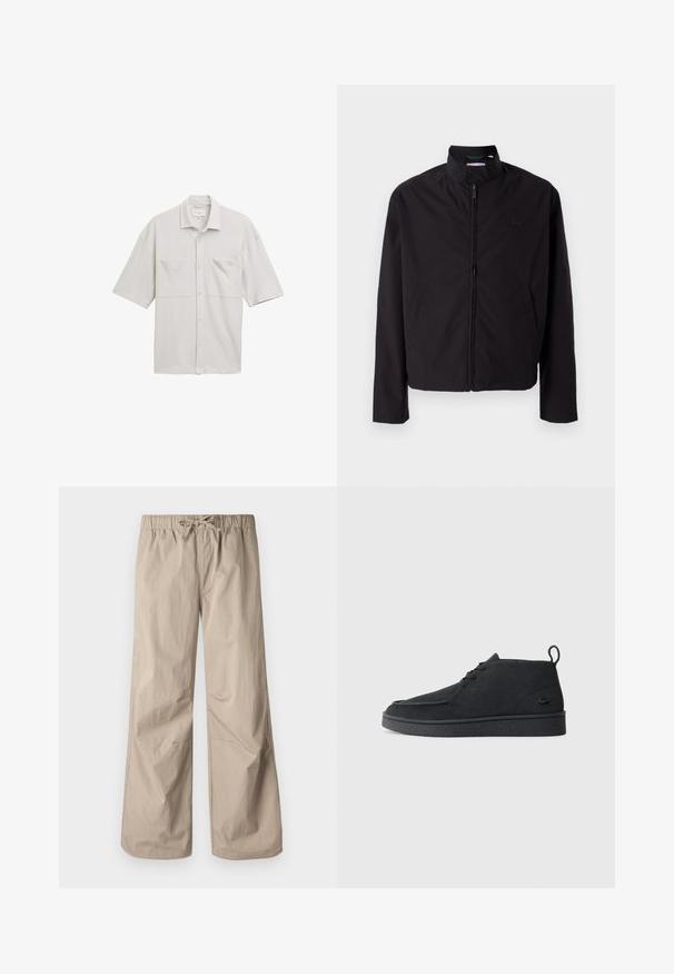 Zwarte lichtgewicht jas, ritssluiting, opstaande kraag, zijzakken, gladde stof, minimalistisch ontwerp met logo-accent op de borst.; Lichtgrijs shirt met korte mouwen, een button-down kraag, twee borstzakken en een gestructureerde stof. Eenvoudig ontwerp met een relaxte pasvorm.; Beige wijde broek met een elastische tailleband en trekkoord. Gladde textuur, twee zijzakken en minimale naden voor een relaxte pasvorm.; Zwarte suède veterschoenen tot de enkel met een trekband en een gestructureerde zool, met een klein reliëf krokodillenlogo aan de zijkant.