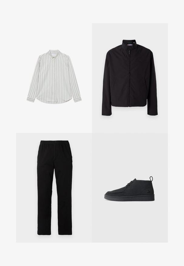 Zwarte lichtgewicht jas, ritssluiting, opstaande kraag, zijzakken, gladde stof, minimalistisch ontwerp met logo-accent op de borst.; Katoenen overhemd met lange mouwen, voorzien van verticale blauwe en crèmekleurige strepen, puntkraag en ronde onderrand. Inclusief knopen aan de voorkant.; Zwarte broek van een katoenmix, met een rechte snit, een elastische tailleband met knoop en zonder zichtbare patronen of accenten.; Zwarte suède veterschoenen tot de enkel met een trekband en een gestructureerde zool, met een klein reliëf krokodillenlogo aan de zijkant.
