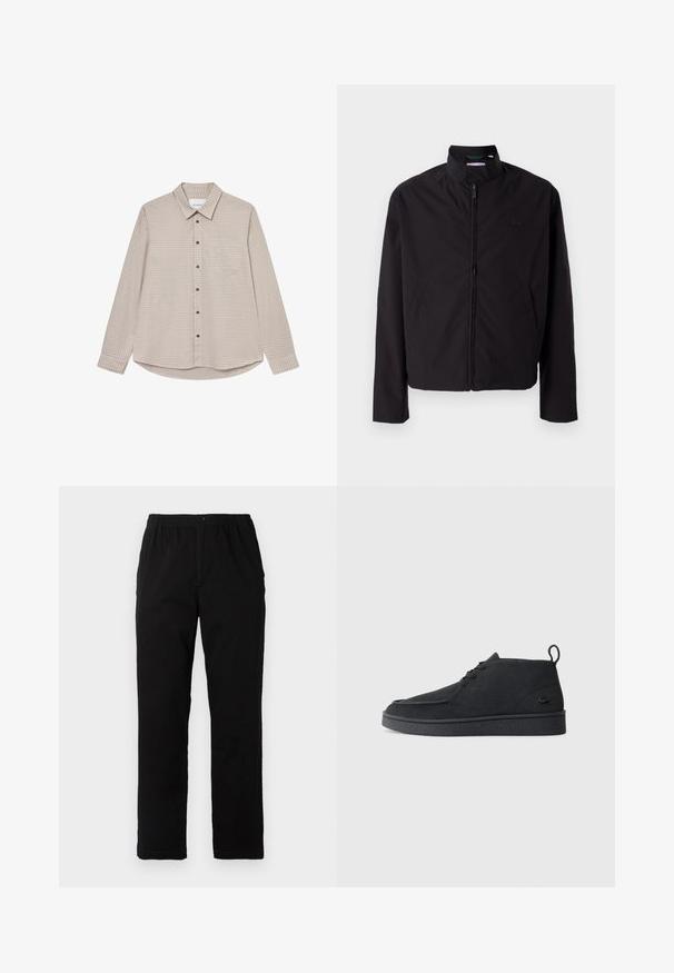 Casaco leve preto, com fecho elétrico, gola alta, bolsos laterais, tecido liso, design minimalista com logótipo em destaque no peito.; Camisa de manga longa em xadrez castanho e bege com colarinho abotoado, bolso frontal e botões castanhos, apresentando uma bainha arredondada.; Calças pretas feitas de um tecido de algodão misto, com corte reto, cintura elástica com botão e sem padrões ou detalhes visíveis.; Botim de tornozelo em camurça preta, com atacadores, aba na parte traseira e sola texturizada, apresentando um pequeno logótipo de crocodilo em relevo na lateral.