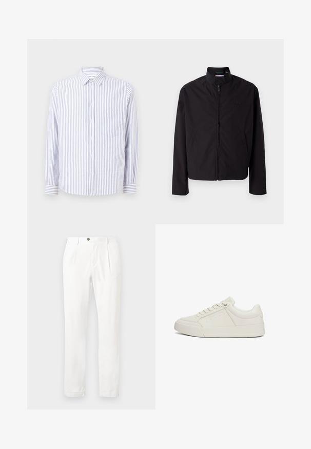 Giacca nera leggera, chiusura con zip, colletto alto, tasche laterali, tessuto morbido, design minimalista con accento del logo sul petto.; Camicia con righe blu chiaro e bianche. Presenta un colletto puntuto, maniche lunghe e una tasca sul petto. Tessuto in cotone.; Pantaloni bianchi con parte anteriore piatta, due pieghe e chiusura con bottone. Realizzati in tessuto leggero, presentano gambe dritte e risvolti.; Sneaker bianco in pelle con texture liscia, punta rotonda, suola piatta in gomma e cuciture intricate. Presenta un dettaglio del logo sul lato.